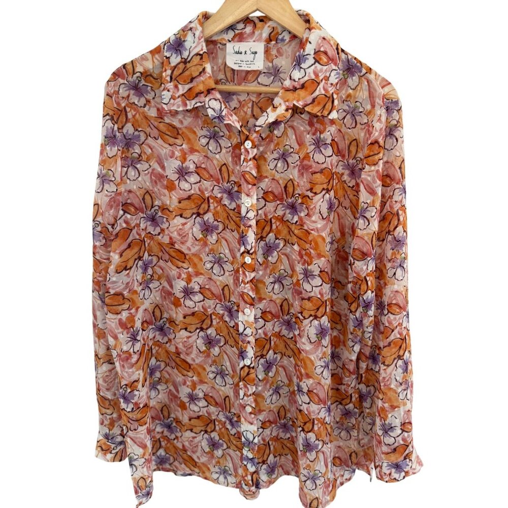 Sadie & Sage Womens Floral Button-Up Blouse Size L Sheer‎ Lightweight Colorful